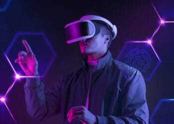 An individual deeply immersed in a virtual reality experience surrounded by futuristic network visuals including a fingerprint icon.
