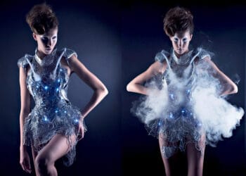 Fashion tech dress with integrated lights and smoke effects.
