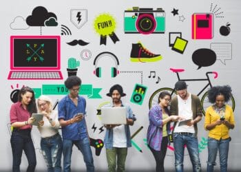 Diverse Gen Z and millennials interacting with digital devices amidst creative tech illustrations.