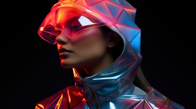 Woman wearing a futuristic, geometric outfit with neon lighting.