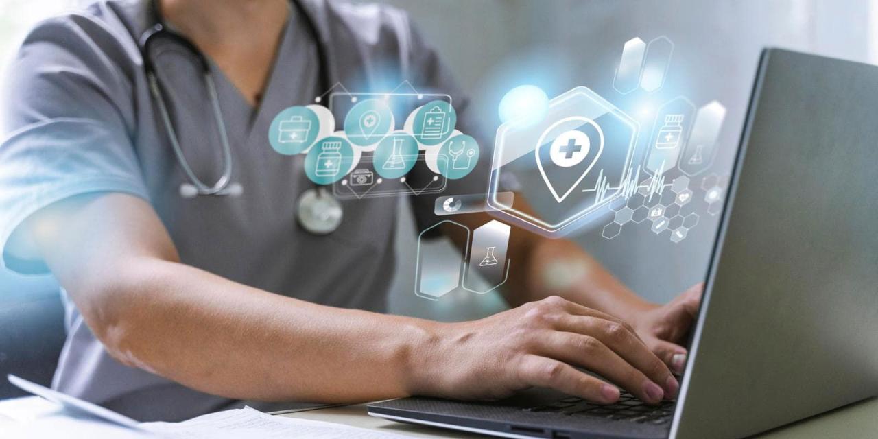 Nurse or doctor interacting with clinical workflow management software.