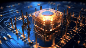 Abstract image of a computer chip with illuminated circuitry.