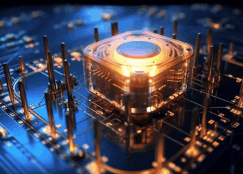 Abstract image of a computer chip with illuminated circuitry.