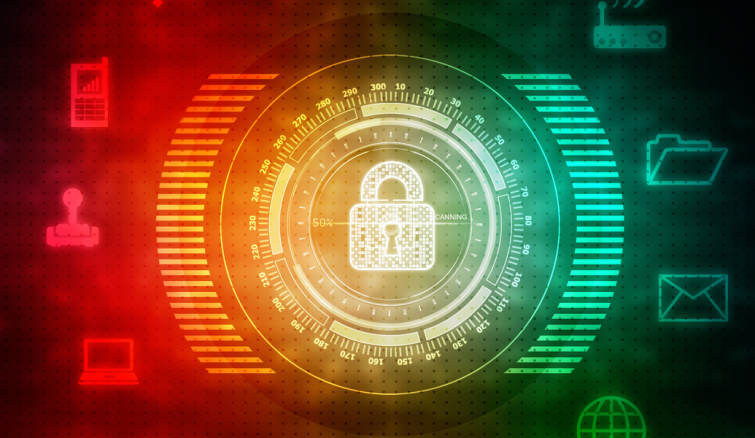 Cyber security concept showing a glowing lock within a circular interface.