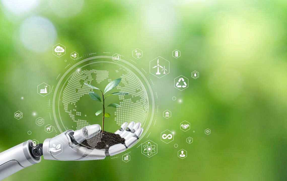 Concept of technology and sustainability, with a robot nurturing a plant and digital earth.
