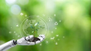 Concept of technology and sustainability, with a robot nurturing a plant and digital earth.