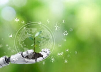 Concept of technology and sustainability, with a robot nurturing a plant and digital earth.