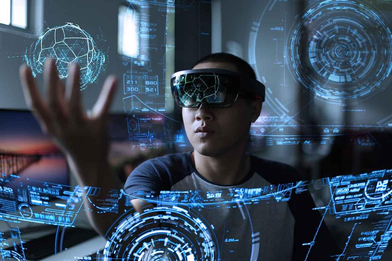 A user engaged in a mixed reality experience, surrounded by luminous blue digital screens and interactive elements.