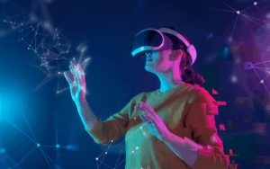 User experiencing virtual reality with glowing digital connections.