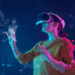 User experiencing virtual reality with glowing digital connections.