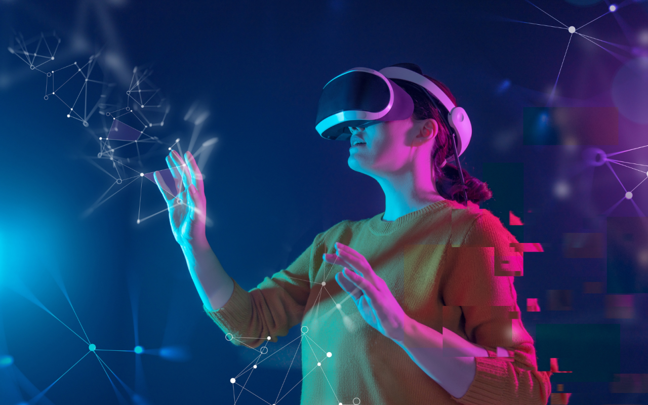 User experiencing virtual reality with glowing digital connections.